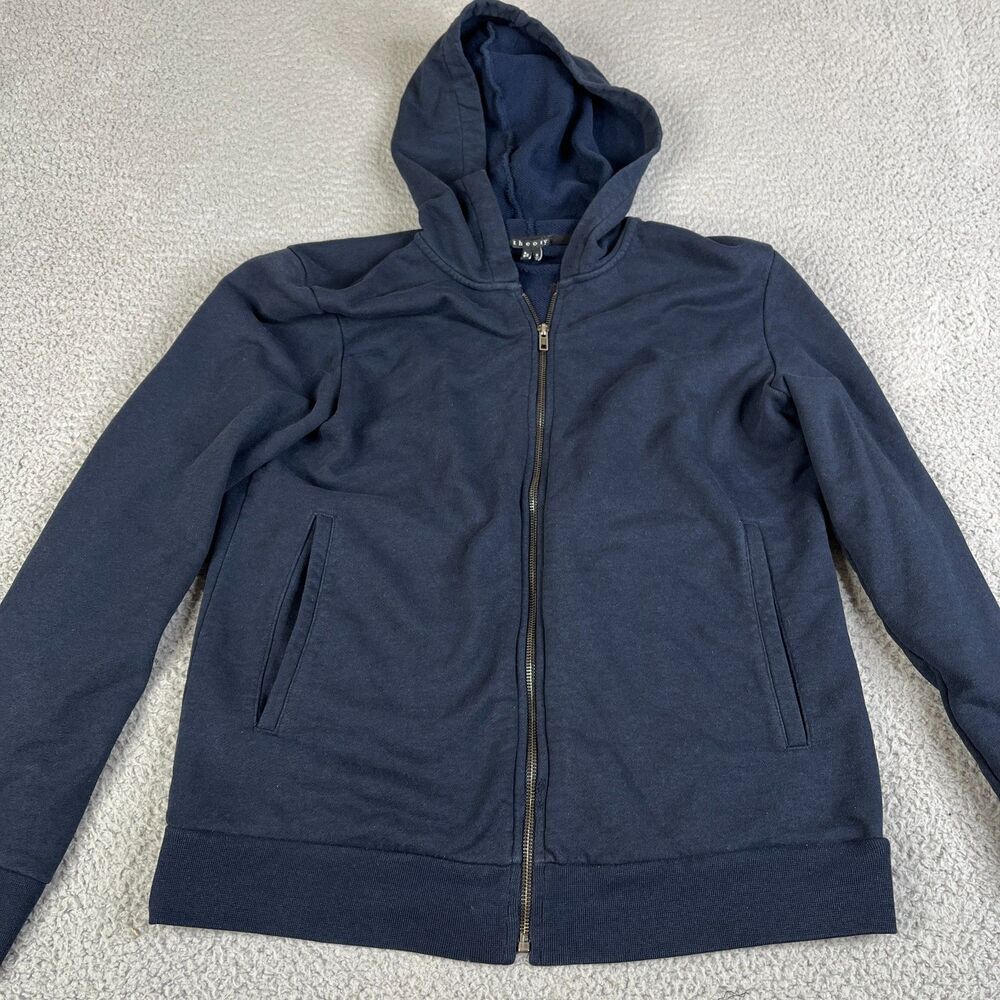 Theory Sweatshirt Womens Medium Blue Hoodie Full Zip Knit Sweater Heavyweight